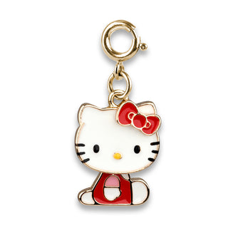 A Hello Kitty charm pendant with a gold-tone clasp, featuring white enamel, red bow and dress, and black facial details on a white background.