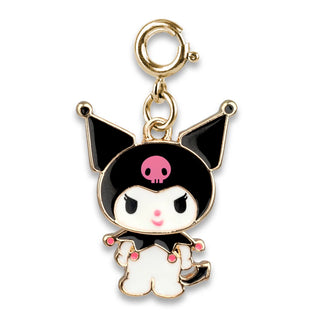 Cartoon character charm with black hair, pink skull, and white body on a white background