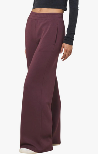 Maroon wide-leg pants worn by a person on a white background