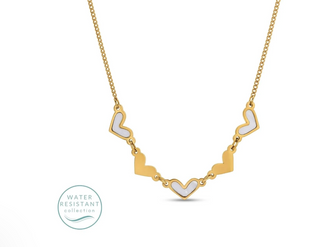 Gold necklace with heart-shaped links on a white background