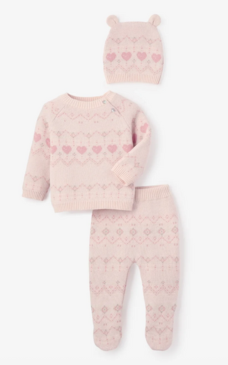 Heart Fair Isle 3-Piece Pullover, Footie Pants & Hat Set