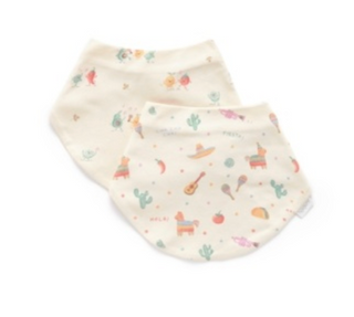 Baby bib with colorful animal pattern on a white background