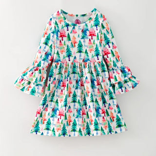 A long-sleeve children's dress with a colorful watercolor pine tree pattern on a white background, featuring a gathered waist and ruffled bell sleeves, shown against a plain light gray background.