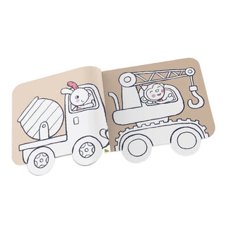 Children's book with illustrations of a cement mixer and a crane, each with a cartoon character inside.