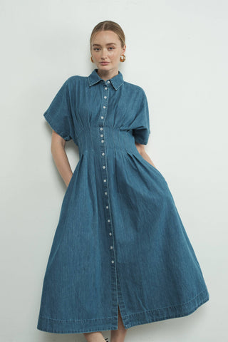 MADI BUTTON FRONT PLEATED SHIRTS MIDI DRESS