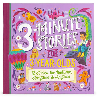 Children's book titled '3-Minute Stories for 3-Year-Olds' with colorful illustrations on a purple background.