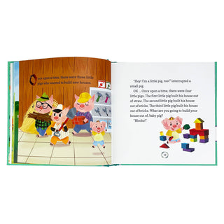 Open book with illustrations of three little pigs and a wolf, and text.