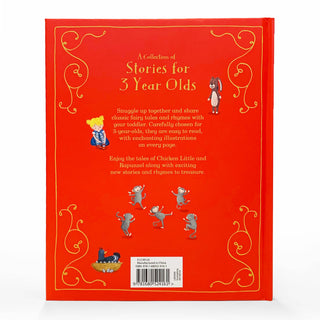 Back cover of a children's book titled 'Stories for 3 Year Olds' with illustrations and text.