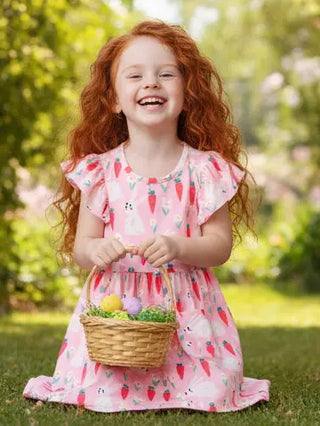Young girl with red hair wearing a pink dress with a carrot pattern, holding an Easter basket in a garden.