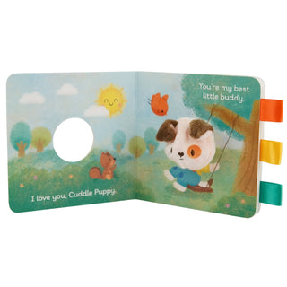 Children's book with a cartoon dog and animals on a white background