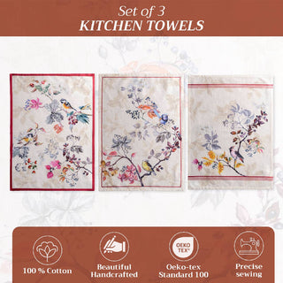 Flower and Bird design set of 3 hand towels. Dishtowels.