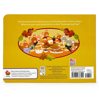Book cover with illustrations of children and food, featuring a Thanksgiving theme.