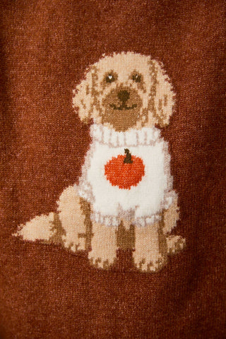 A close-up of a knitted sweater featuring a beige and cream dog wearing a white sweater with an orange pumpkin graphic, set against a solid brown knit background.