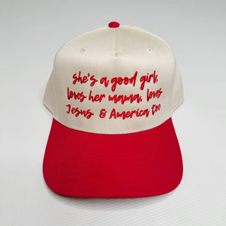 Red and beige cap with red text on a light gray background