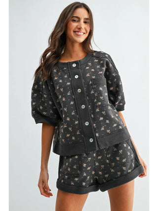 Vintage Floral Short Sleeve Button-Down Lounge Set