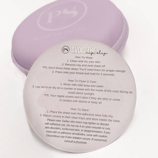 Lavender breast pad with instructions on a white background