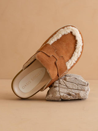 The Avalon Caramel Suede Shearling Cozy Loafer Mule
