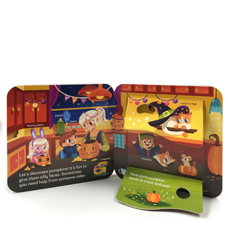 Children's book with Halloween-themed illustrations on a white background