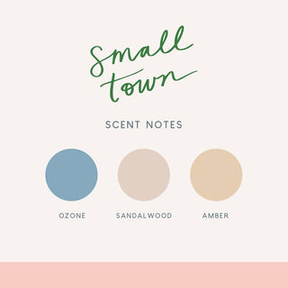 Color swatches labeled 'Ozone', 'Sandalwood', and 'Amber' with the text 'Small Town Scent Notes' on a light background.