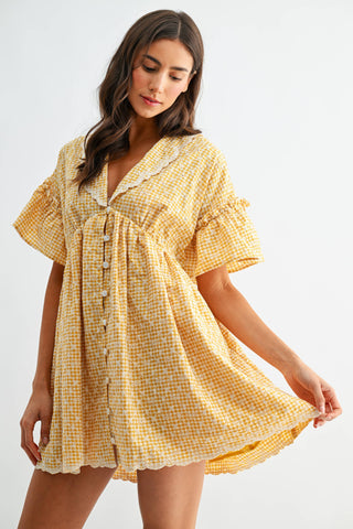 Sunny Gingham Lace-Trim Babydoll Dress | Vintage Cottagecore Mini