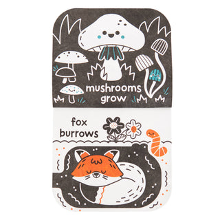 Packaging design with cartoon mushrooms and fox, featuring the brand 'fox burrows'.