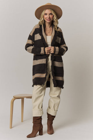 BOHO STRIPED FRINGE LONG CARDIGAN