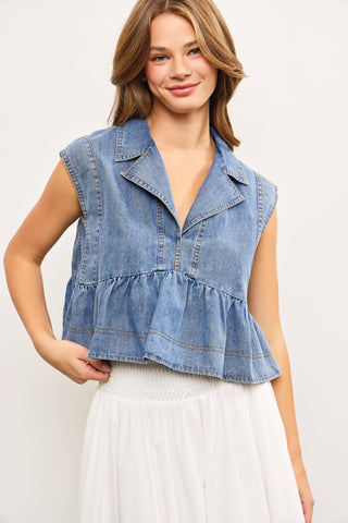 Denim capsleeve babydoll top with collar