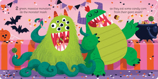 Illustration of two green monsters eating candy corn on a colorful background with Halloween elements.
