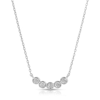 Silver necklace with circular diamond pendants on a white background