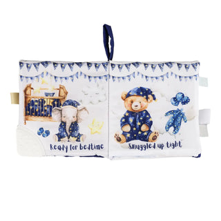 Children's soft book with teddy bear illustrations on a white background