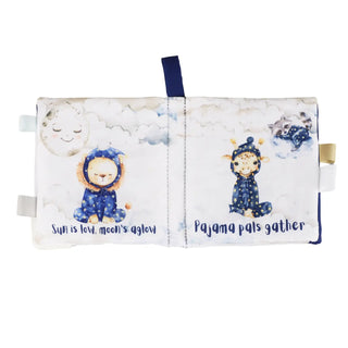 Children's soft book with illustrations of animals in pajamas on a white background
