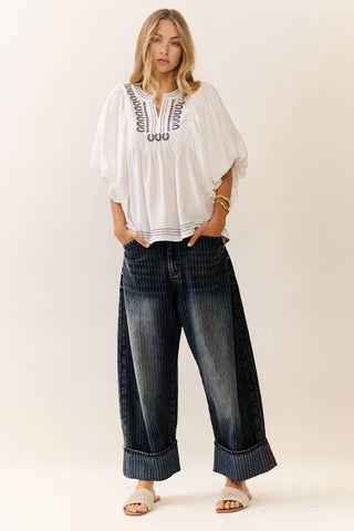 The Striped Barrel Carpenter: Wide-Leg Pinstripe Denim Culottes