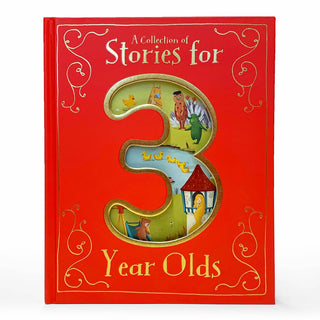 Book titled 'A Collection of Stories for 3 Year Olds' with colorful illustrations on a red background