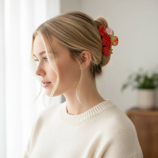 Woman with a decorative hair clip in her hair, wearing a white sweater.