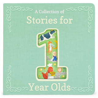 Book titled 'A Collection of Stories for 1 Year Olds' with illustrations on a light green background