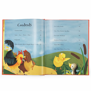 Open book with illustrations of chickens and a duck on a grassy field, showing a children's book table of contents.