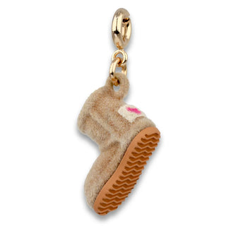 Brown boot charm with gold clasp on a white background