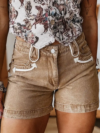 Western Arrow Accent Denim Shorts – Tan Cowgirl Chic
