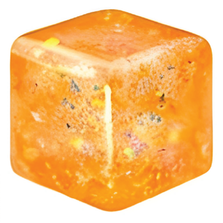 Square orange candle with a visible wick on a white background