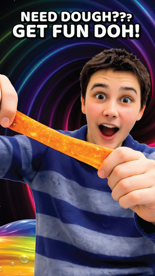 Person holding orange Fun Doh with colorful background and text 'NEED DOUGH??? GET FUN DOH!'