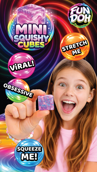 Promotional image for Mini Squishy Cubes with a girl holding a cube, surrounded by colorful text and graphics.
