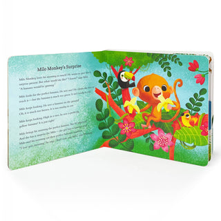 Open book with colorful monkey illustration on a white background