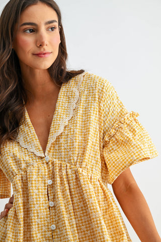 Sunny Gingham Lace-Trim Babydoll Dress | Vintage Cottagecore Mini