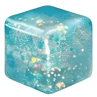 Clear blue cube with small yellow flowers inside on a white background