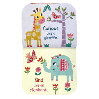 Children's book with illustrations of a giraffe and an elephant, featuring text about being 'curious like a giraffe' and 'kind like an elephant'.