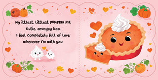Illustrated page from a children's book with a pumpkin pie character and text on a pink background.