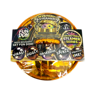 Packaged toy with colorful labels and a gold rim on a white background
