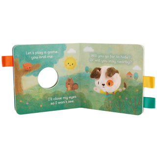 Children's book with animal illustrations and interactive elements on a white background