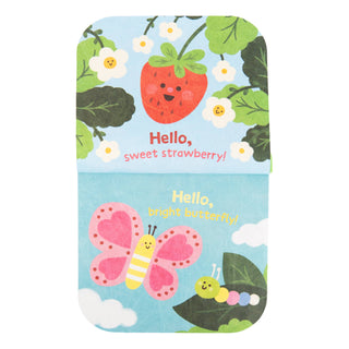 Notebook with strawberry, butterfly, and caterpillar design on a blue background