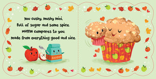 Illustration of two muffins hugging with a cartoon sugar packet and apples on a light green background.